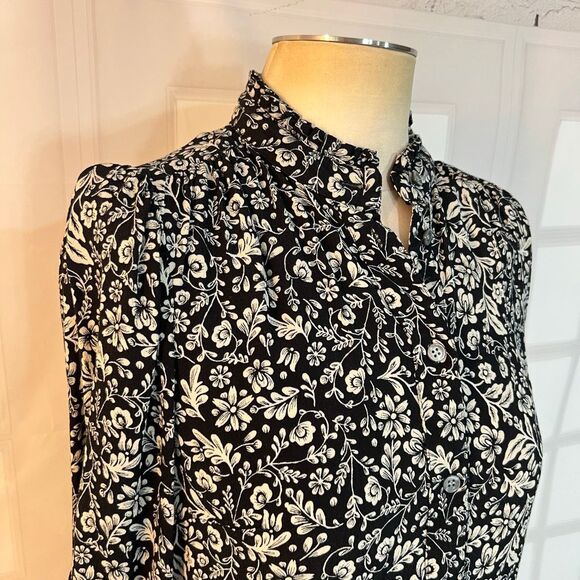 J. Crew Black White Floral Accordian Long Sleeve Half Button Shirt Dress Small - Picture 5 of 13
